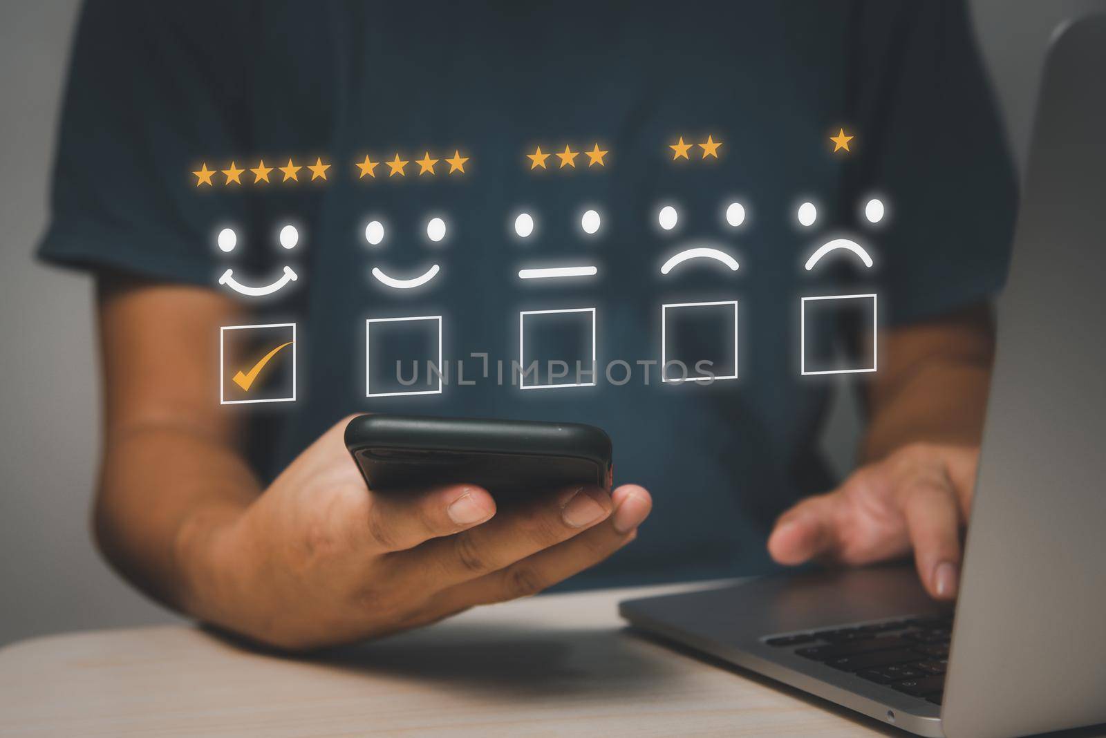 Customer review satisfaction feedback survey.Give very satisfied rating with smiley face icon service experience on online application concept.