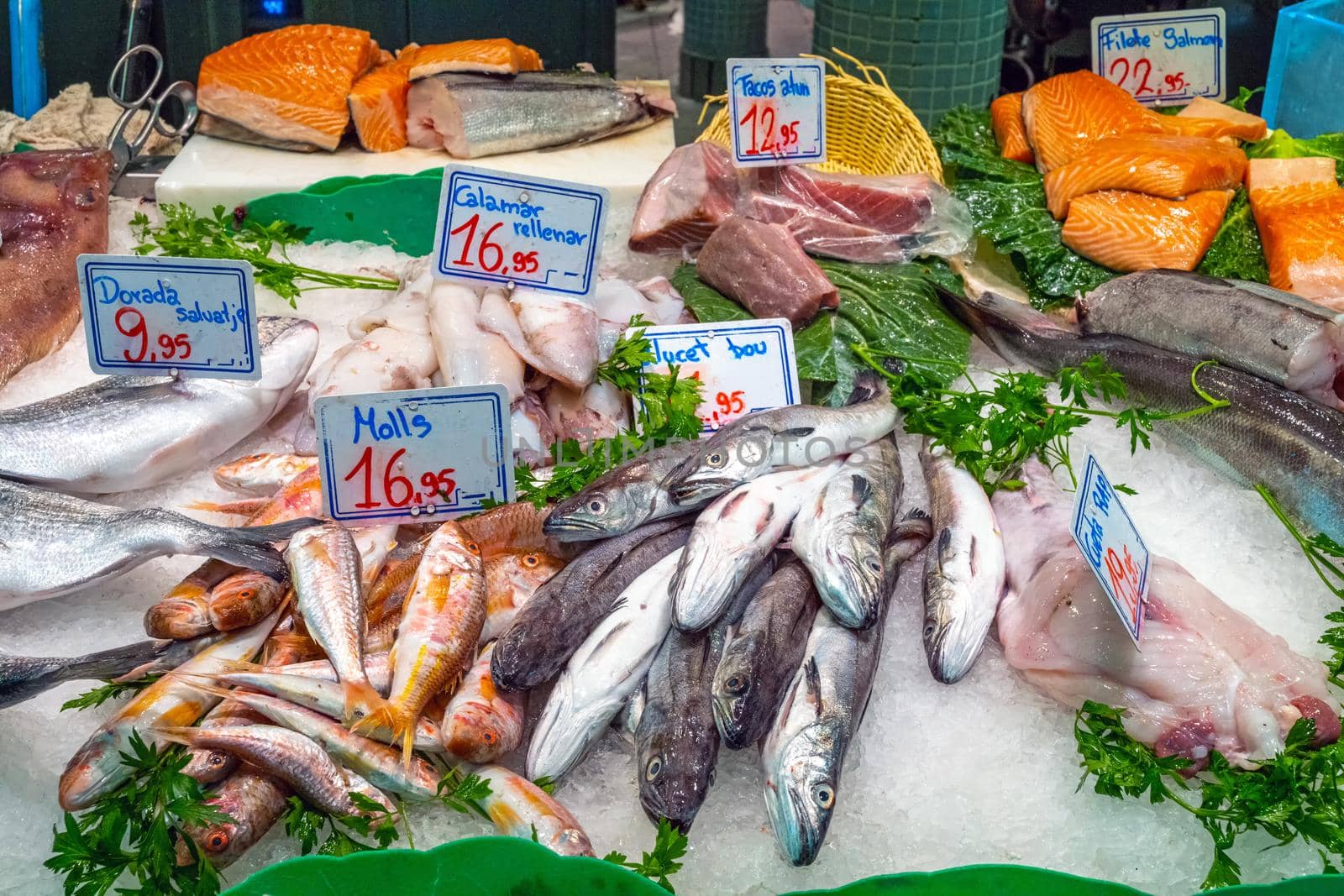 Fresh fish and seafood on ice seen at a market in Barcelona, Spain
