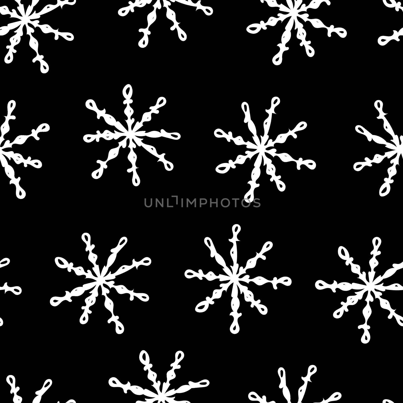 Seamless Pattern with White Snowflakes on Black Background. Abstract Hand-Drawn Doodle Snowflakes.