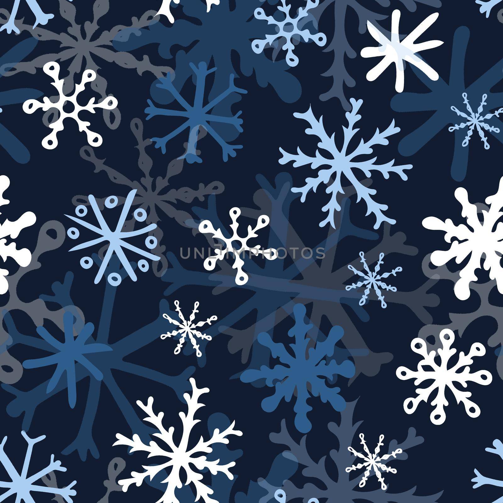 Seamless Pattern with White and Blue Snowflakes on Dark Blue Background. Abstract Hand-Drawn Doodle Snowflakes.