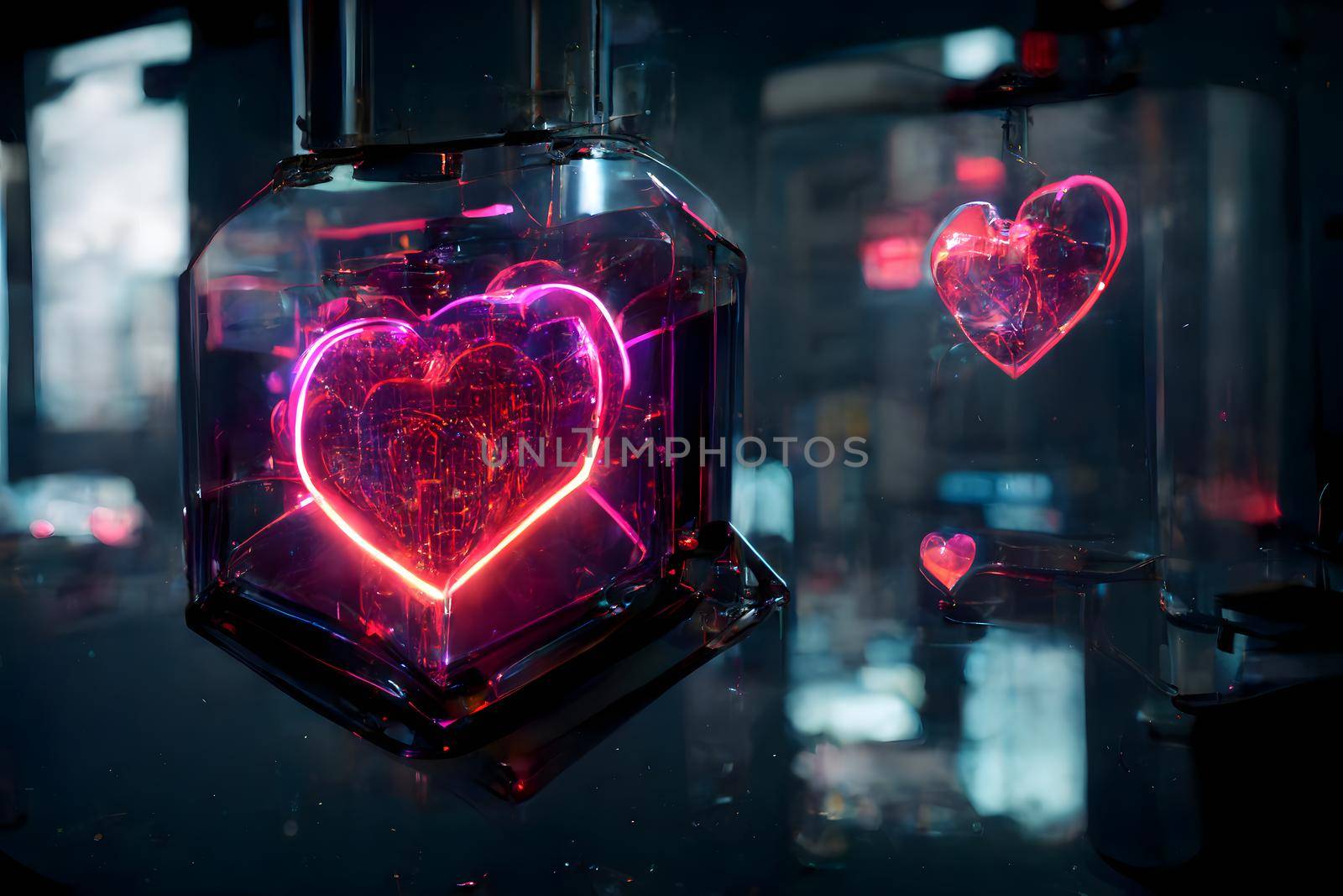 cyberpunk neon high-tech heart in night city environment, neural network generated art for valentines day. Digitally generated painting-like image. Not based on any actual scene or pattern.