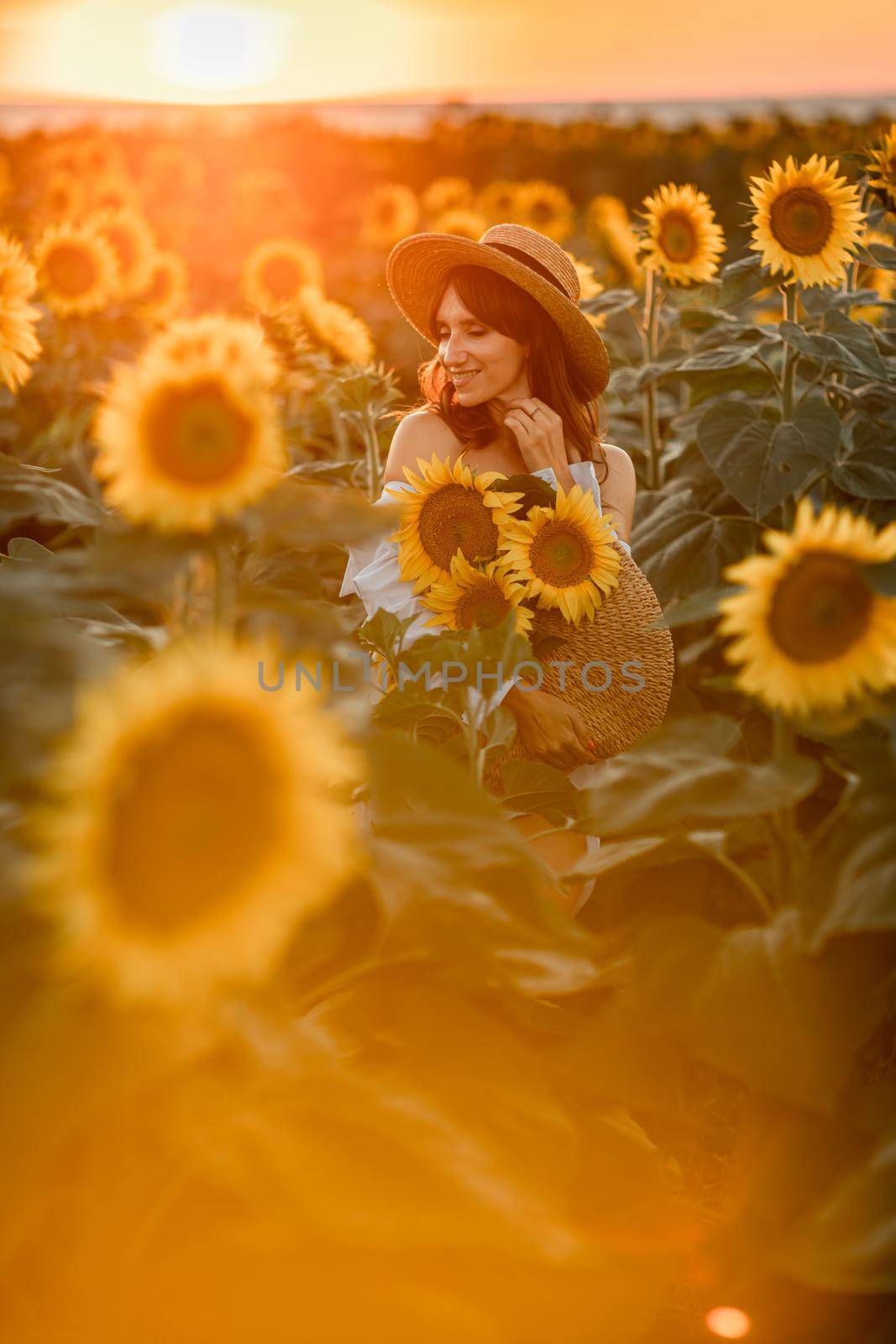 A girl in a hat on a beautiful field of sunflowers against the sky in the evening light of a summer sunset. Sunbeams through the flower field. Natural background. by Matiunina