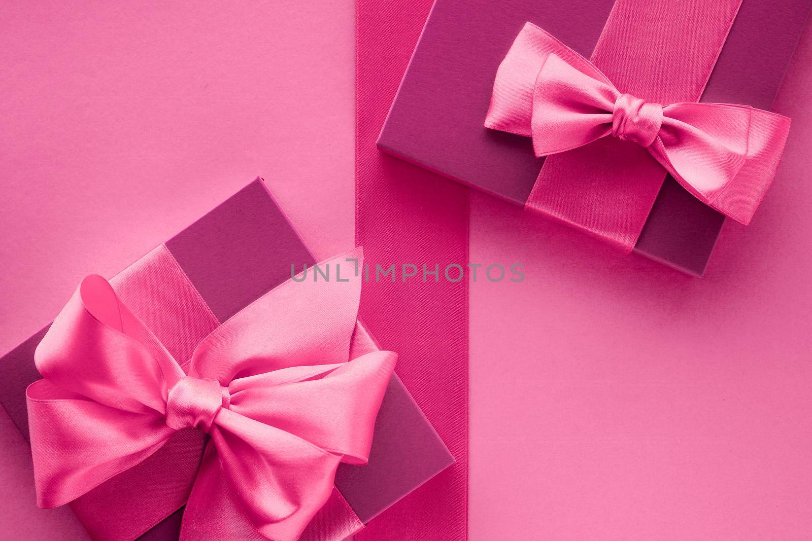 Baby shower girl, celebration, present concept - Pink gift boxes, feminine style flatlay background