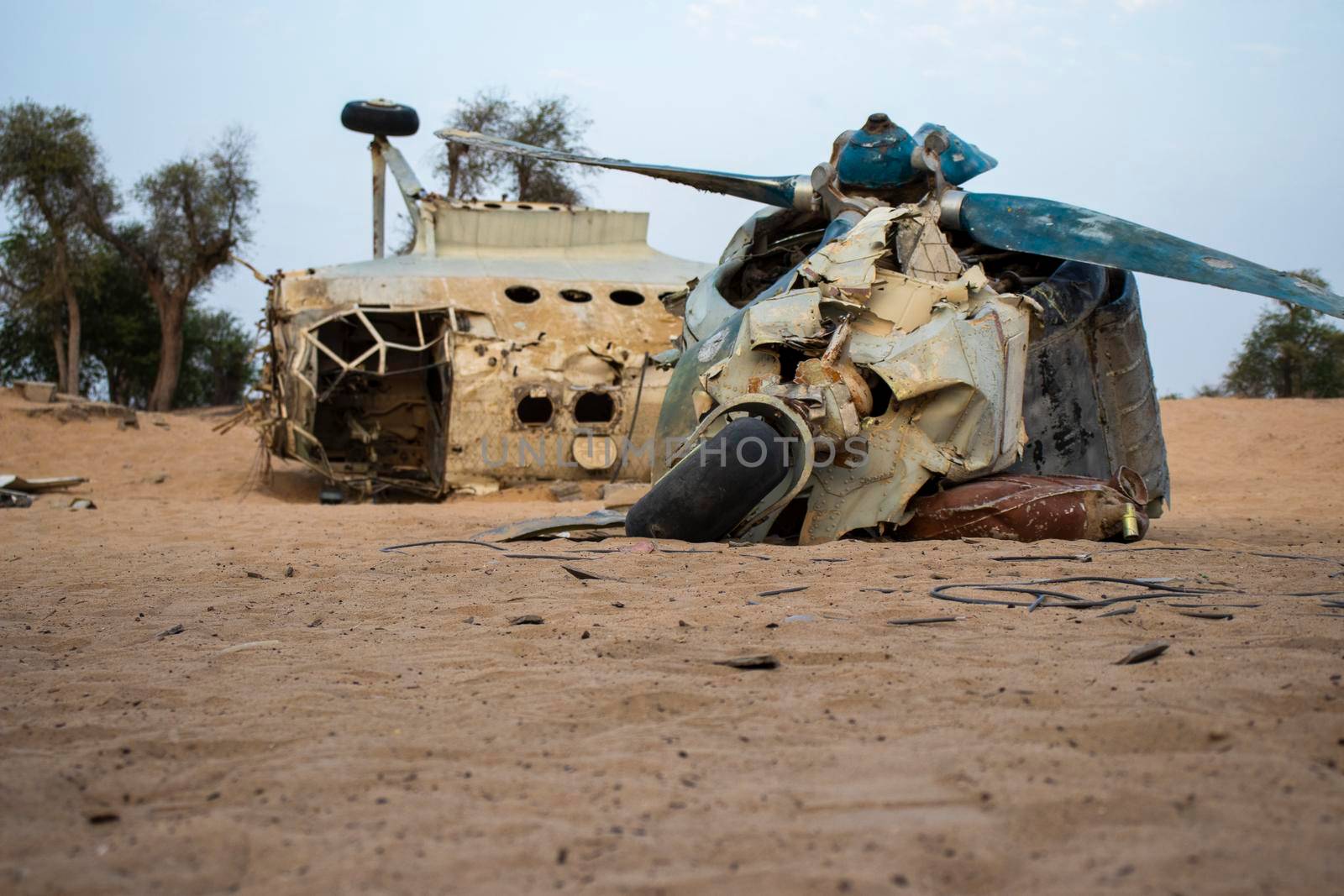 Small airplane wreckage in the deserted area of Dubai city. Outdoors
