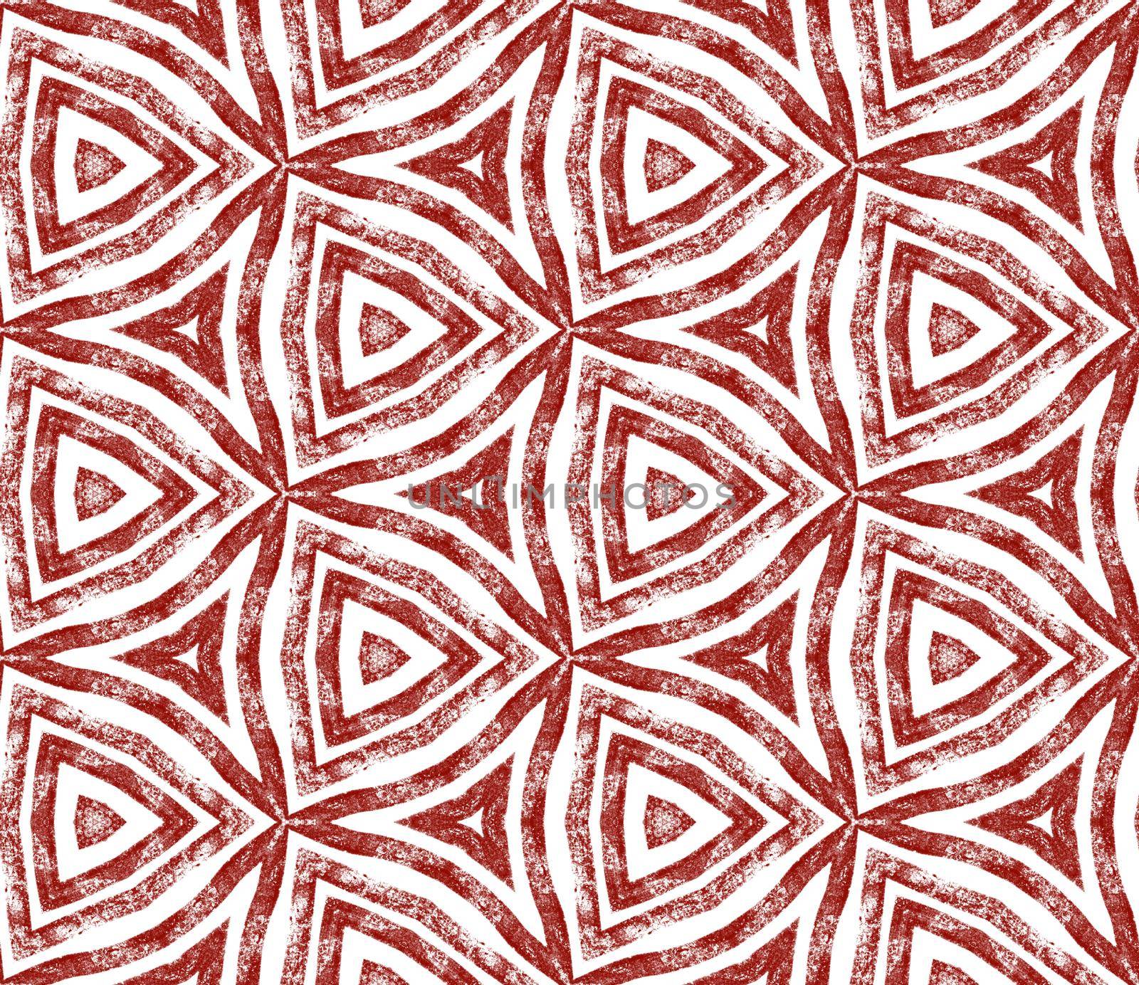 Ethnic hand painted pattern. Wine red symmetrical kaleidoscope background. Summer dress ethnic hand painted tile. Textile ready splendid print, swimwear fabric, wallpaper, wrapping.