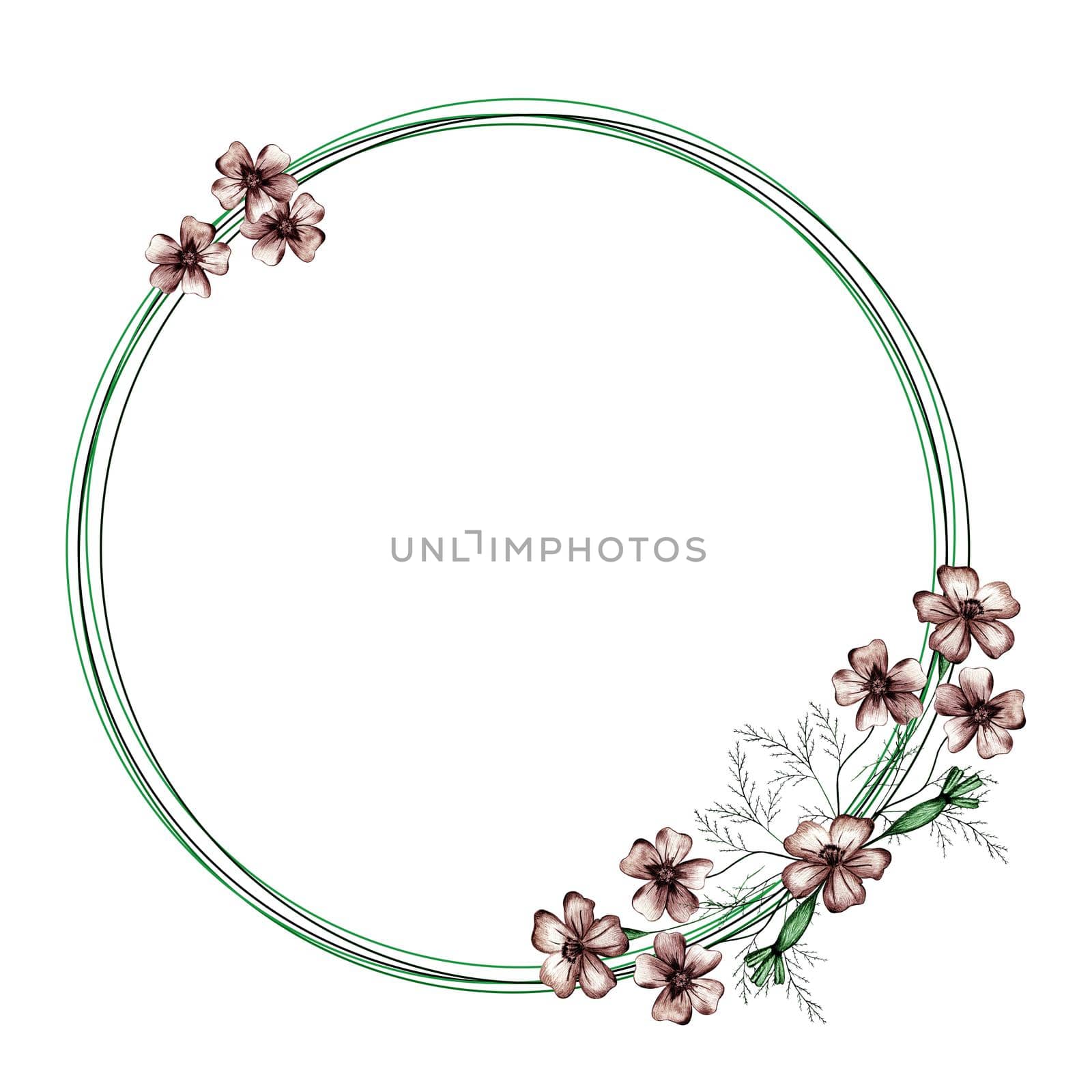 Cute Wreath with Flowers, Leaves and Branches. Circle Frame for Your Text on White Background. by Rina_Dozornaya