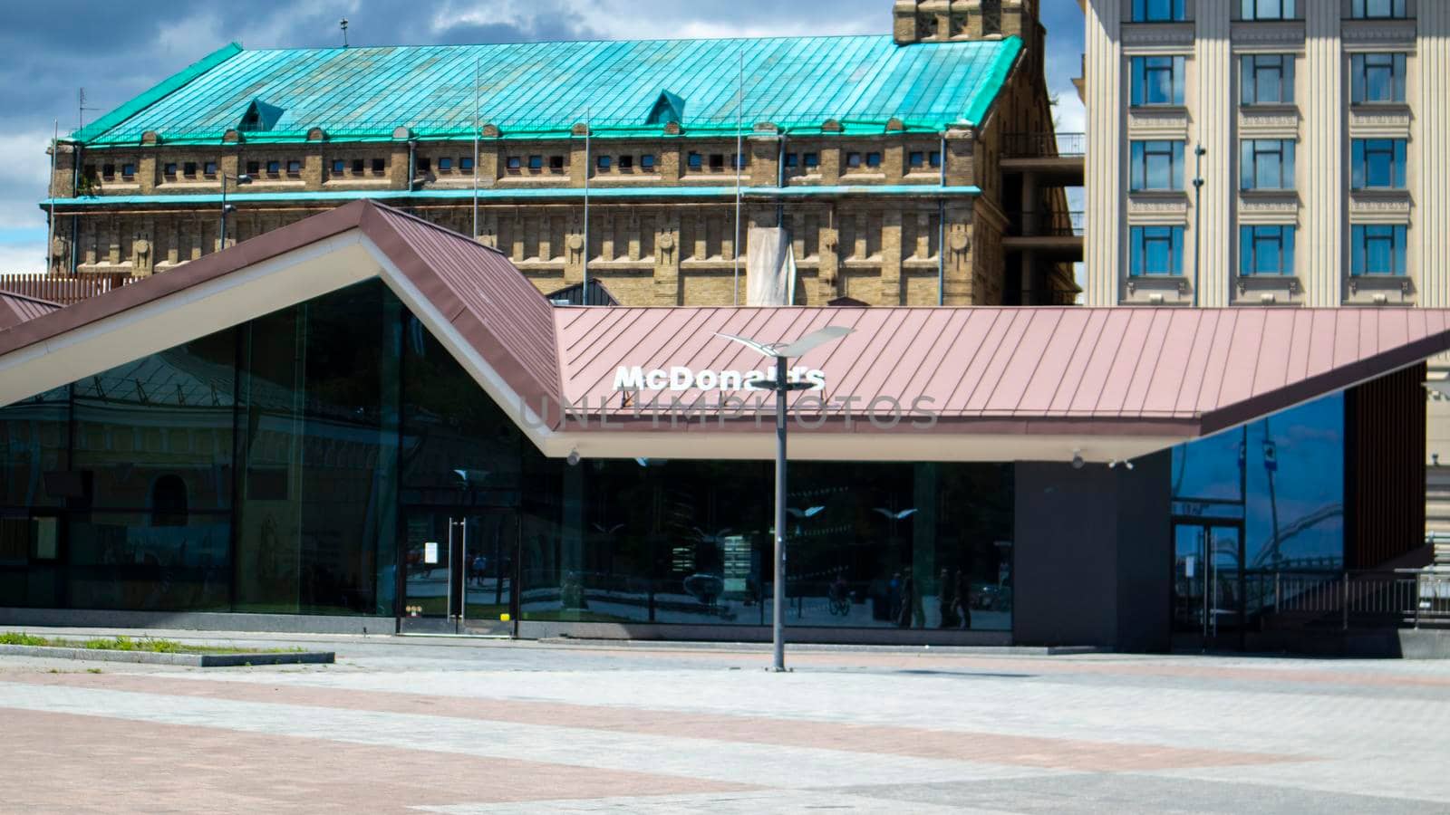 The McDonalds restaurant in Kyiv closed due to the war in Ukraine. A fast food restaurant that is closed and closed due to Russian aggression and martial law. Ukraine, Kyiv - August 7, 2022