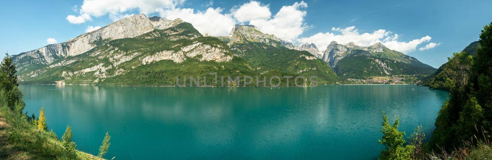 Panoramic view to the Lake Molveno in Trentino region. Panoramic view from main road SS421, San Lorenzo in banale, Italy