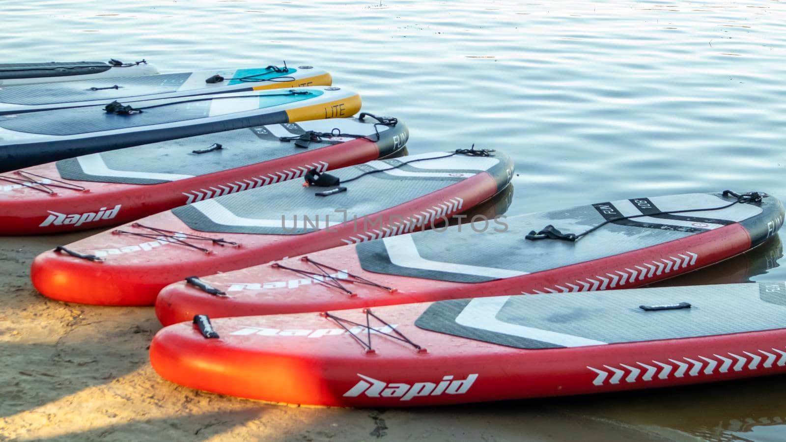 Empty SUP boards sway on the waves on a calm river or lake. Water sports. Lots of boards at the rental shop, the sun reflecting off the ripples of the water. Panning. Ukraine, Kyiv - August 07, 2022