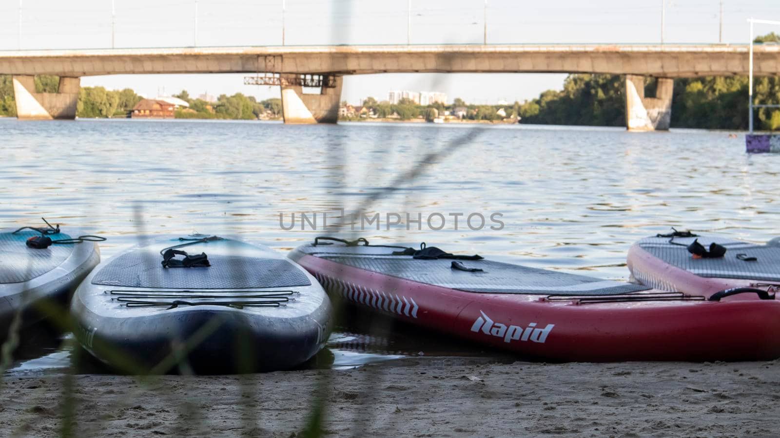 Empty SUP boards sway on the waves on a calm river or lake. Water sports. Lots of boards at the rental shop, the sun reflecting off the ripples of the water. Panning. Ukraine, Kyiv - August 07, 2022