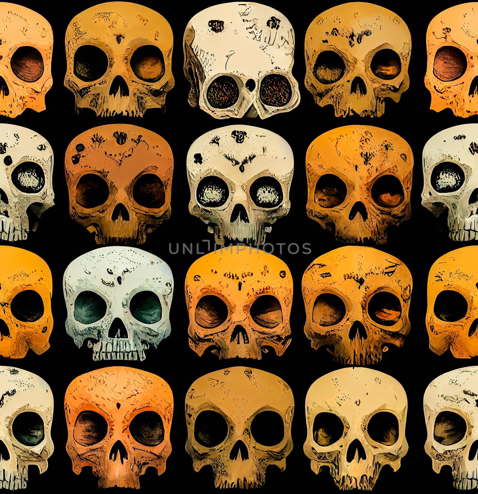 Orange human skulls seamless texture. Scary Halloween pattern. Suitable for printing on fabric.