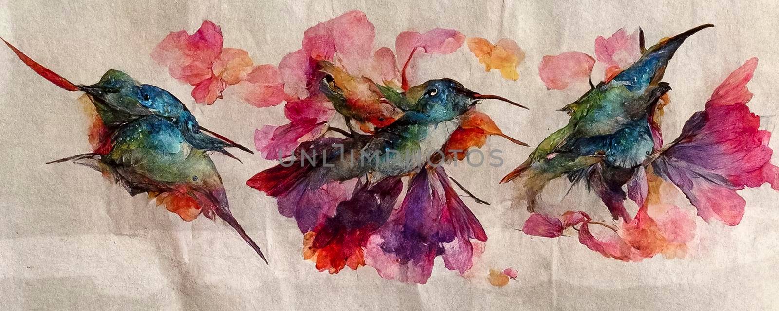 set of birds on an isolated paper background, watercolor illustration, hand drawing, cute hummingbird, beautiful exotic tropical birds