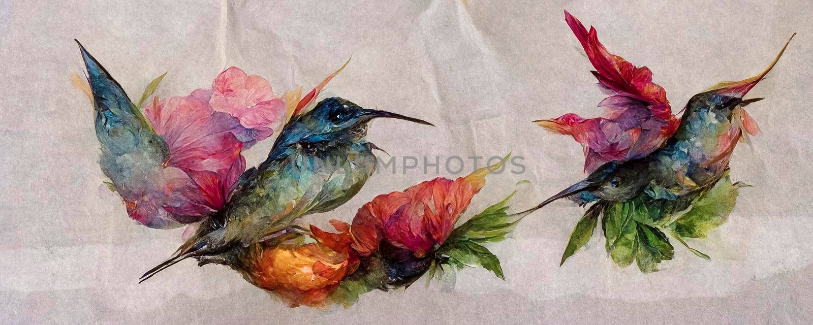 set of birds on an isolated paper background, watercolor illustration, hand drawing, cute hummingbird, beautiful exotic tropical birds