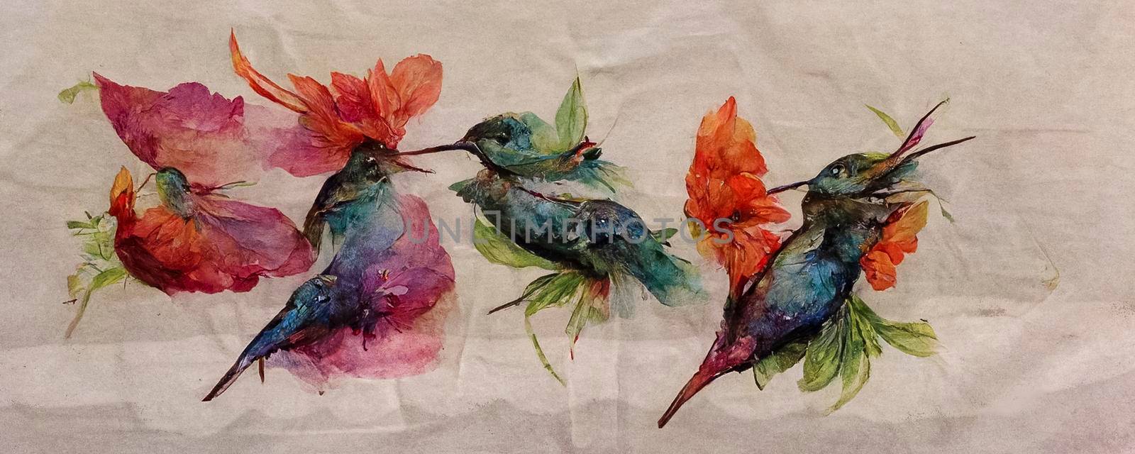 Sky bird colibri pattern in a wildlife by watercolor style. Wild freedom, bird with a flying wings. Aquarelle bird for background, texture, pattern, frame, border