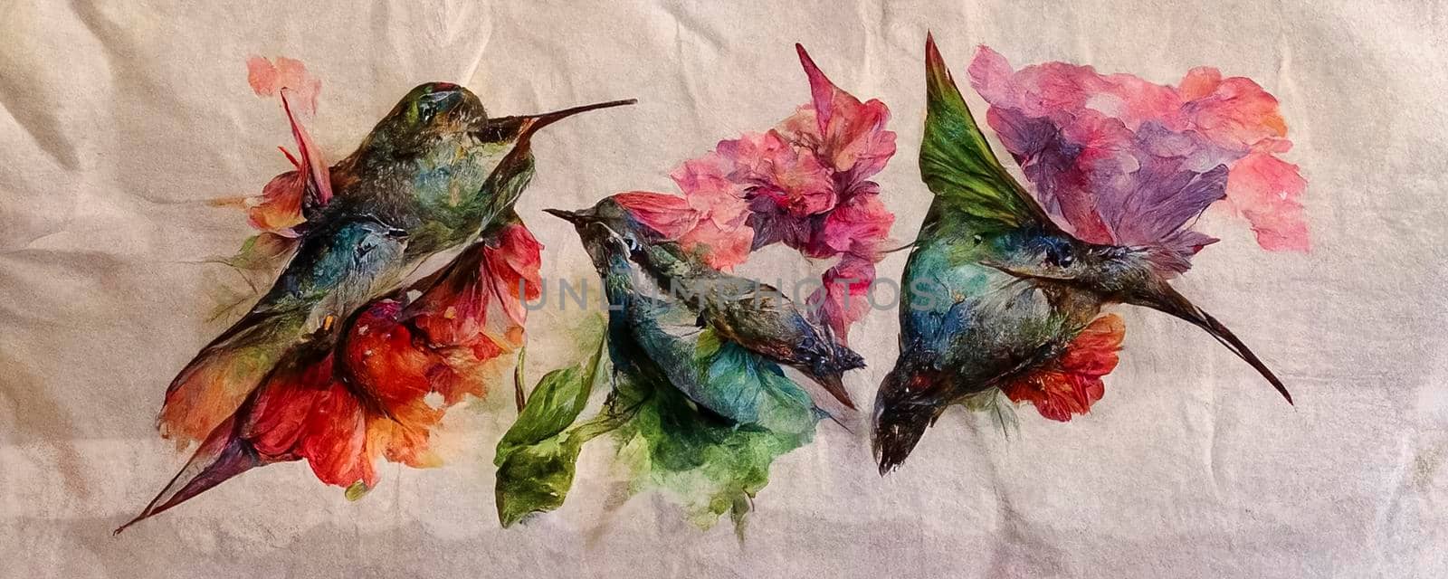 set of bright little birds, hummingbirds, watercolor hand drawing