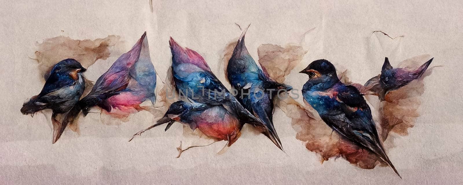 Watercolor swallows on silk canvas. CGI illustration