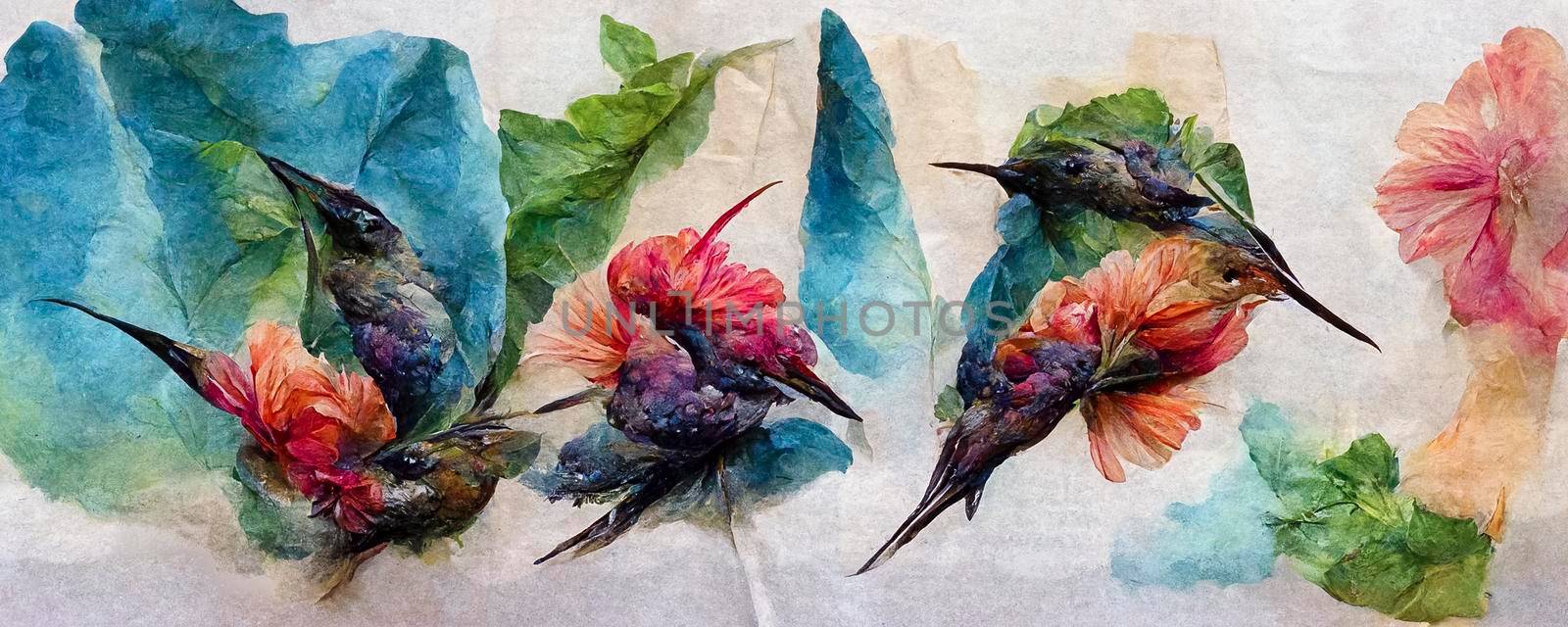 set of birds on an isolated paper background, watercolor illustration, hand drawing, cute hummingbird, beautiful exotic tropical birds