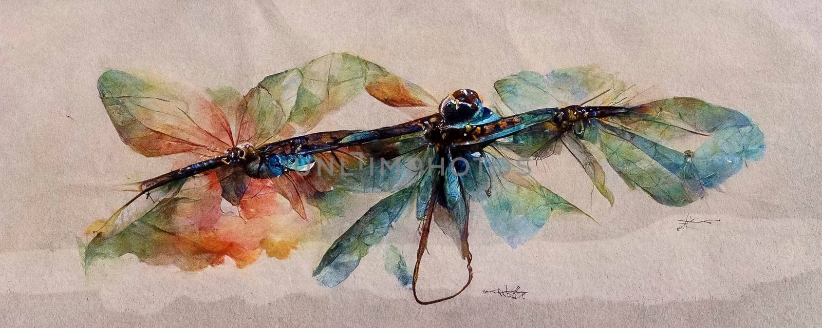 dragonfly watercolor multicolored splashes. Bright Watercolor Illustration of Colorfull Dragonfly. Hand Drawn Image of Insect. logo, card, drawing. Set with a dragonfly