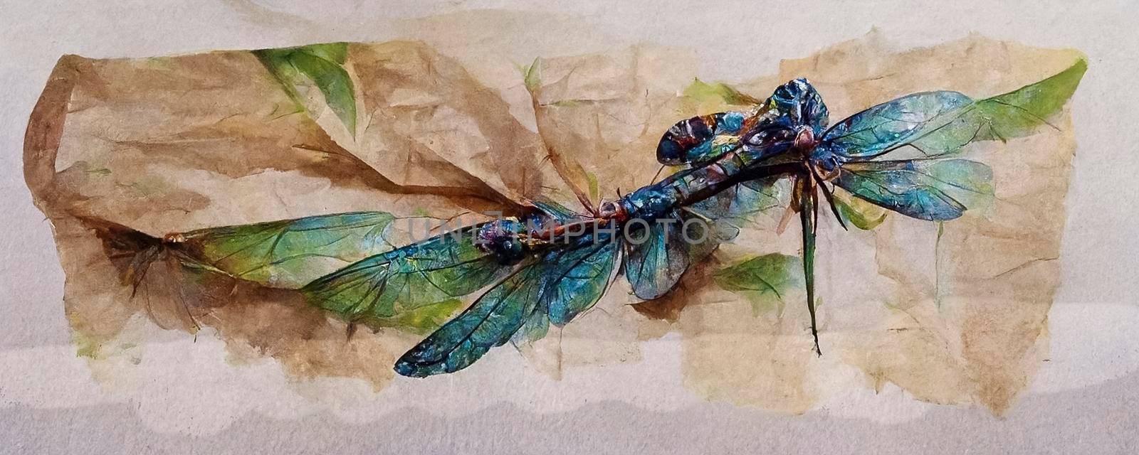 dragonfly watercolor multicolored splashes. Bright Watercolor Illustration of Colorfull Dragonfly. Hand Drawn Image of Insect. logo, card, drawing. Set with a dragonfly