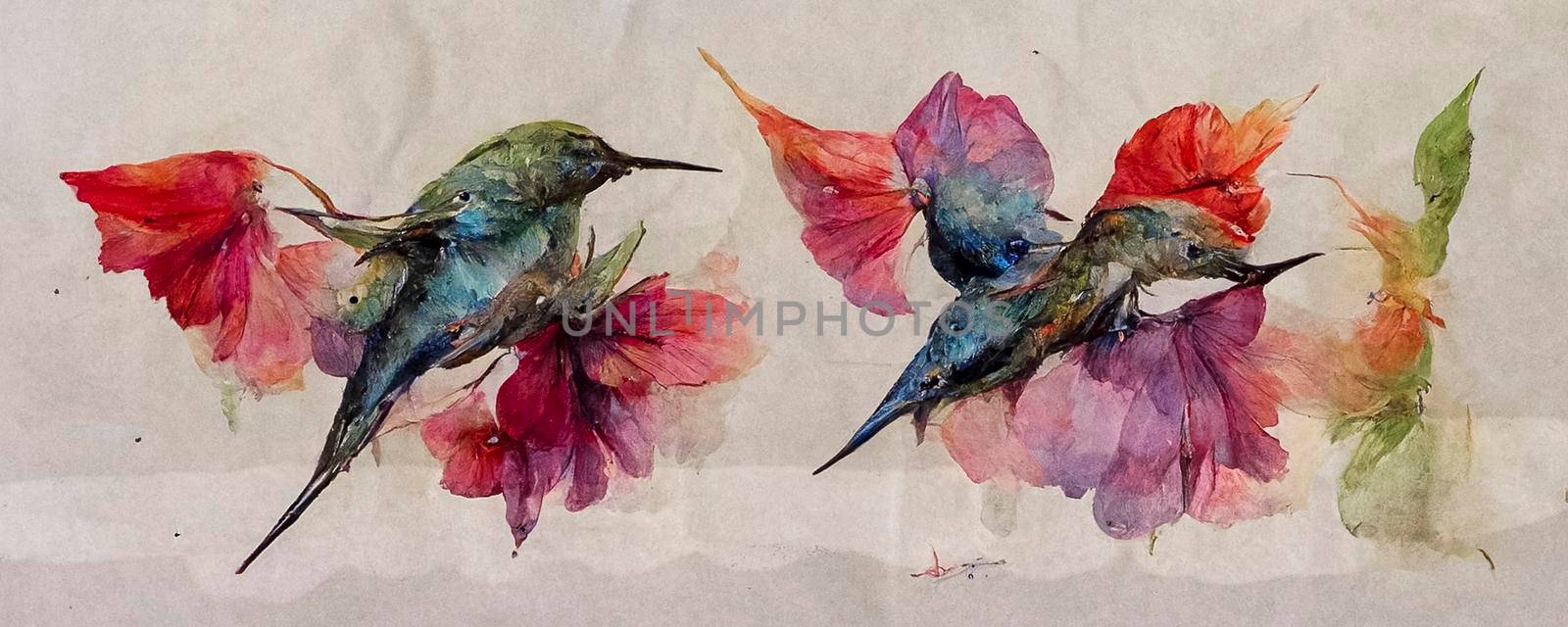set of birds on an isolated paper background, watercolor illustration, hand drawing, cute hummingbird, beautiful exotic tropical birds