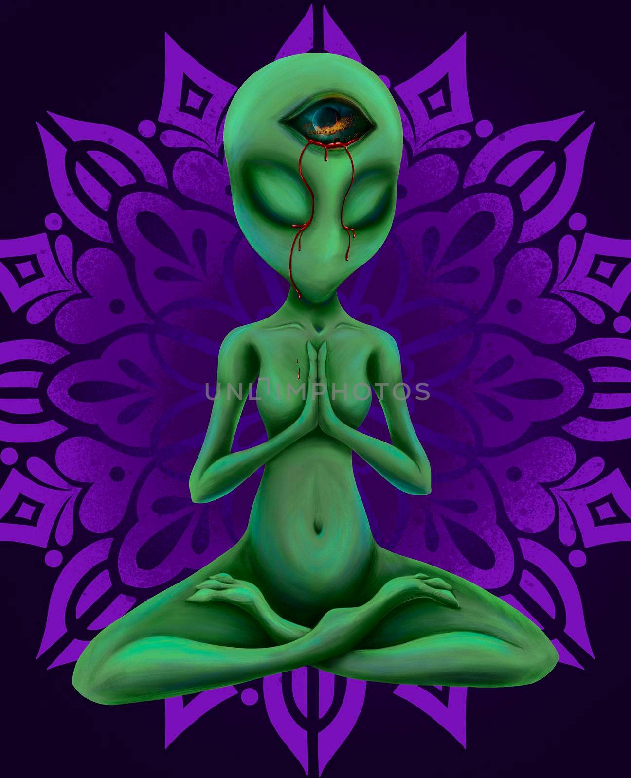 green alien in yoga pose 2d illustration with beautiful background by kr0k0