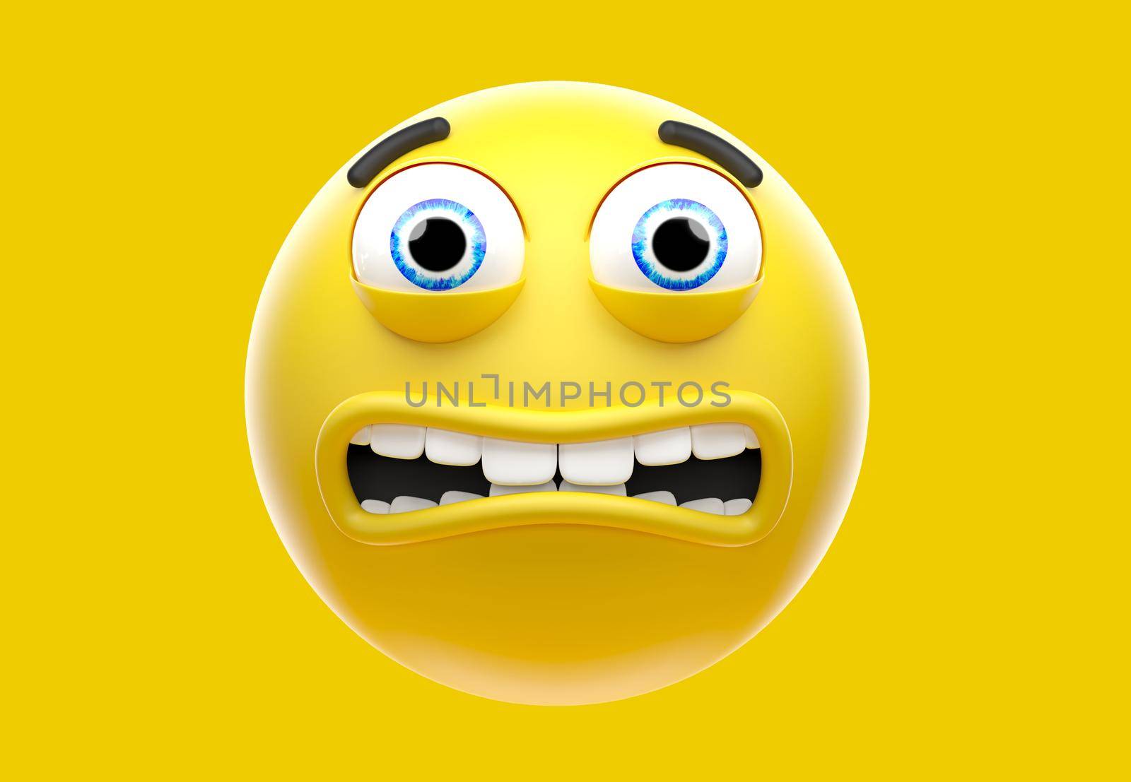 Scared yellow emoji, frustrated worried face emoticon icon, 3d rendering