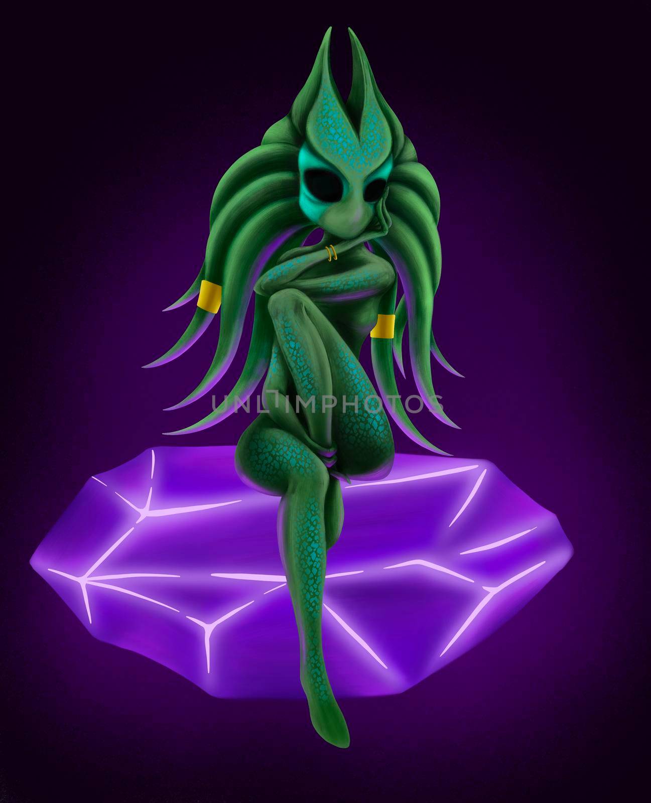 beautiful alien girl green color on the big crystal 2D illustration