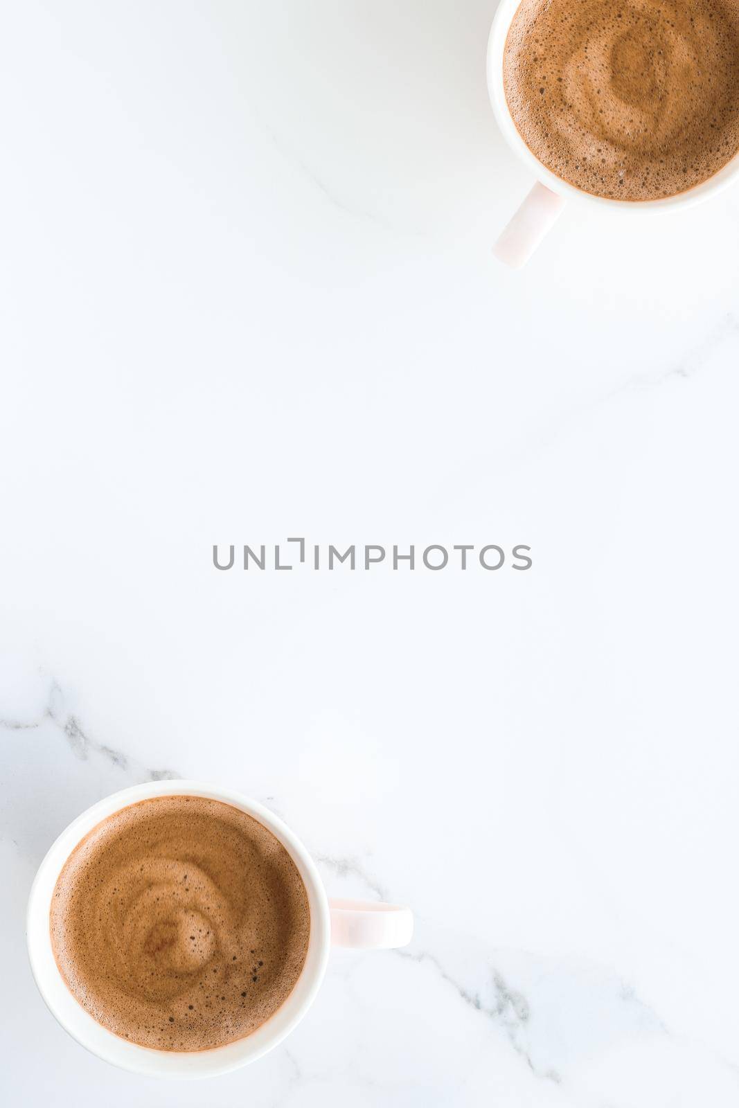 Breakfast, drinks and modern lifestyle concept - Hot aromatic coffee on marble, flatlay