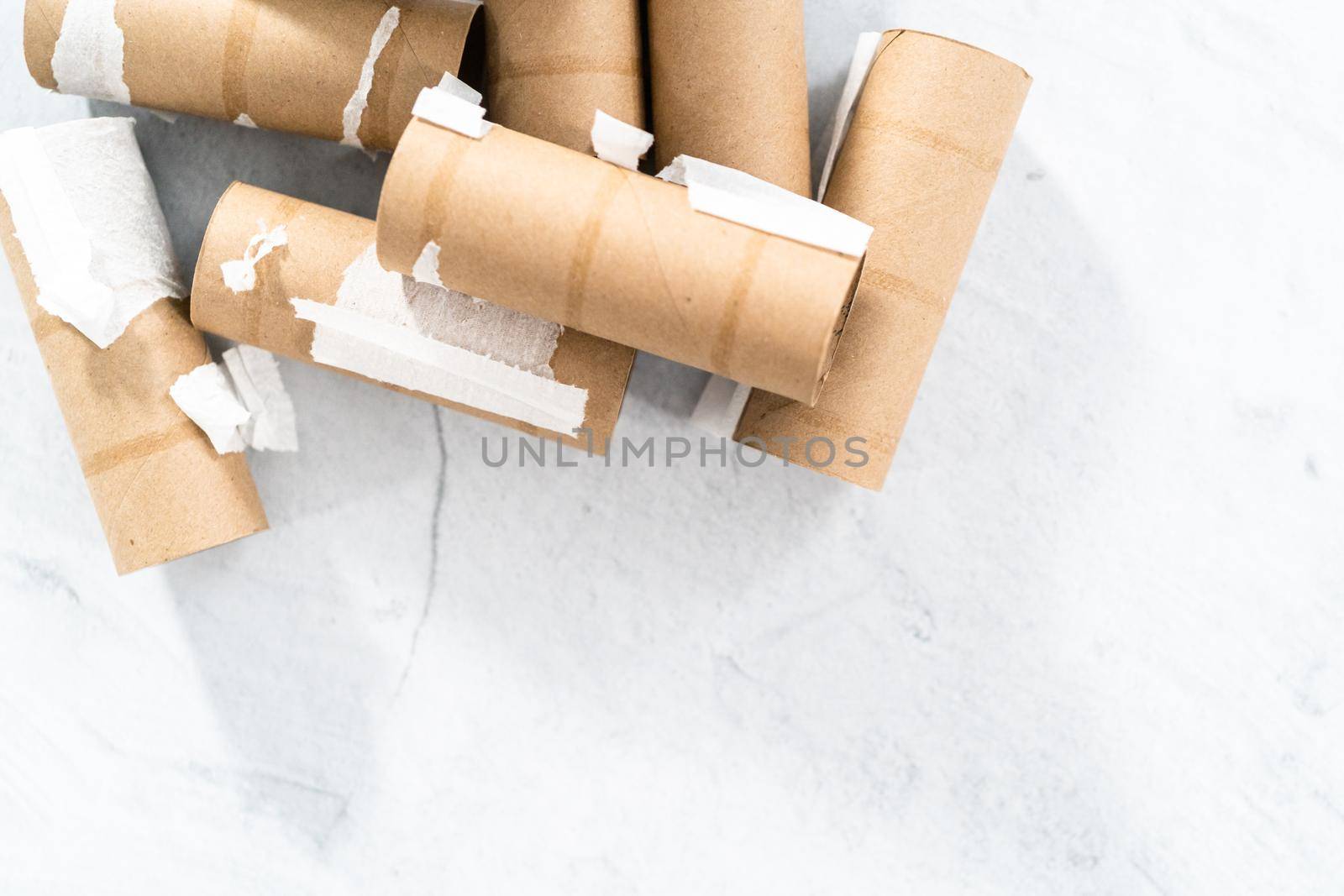 Used empty toilet paper rolls on a gray background.