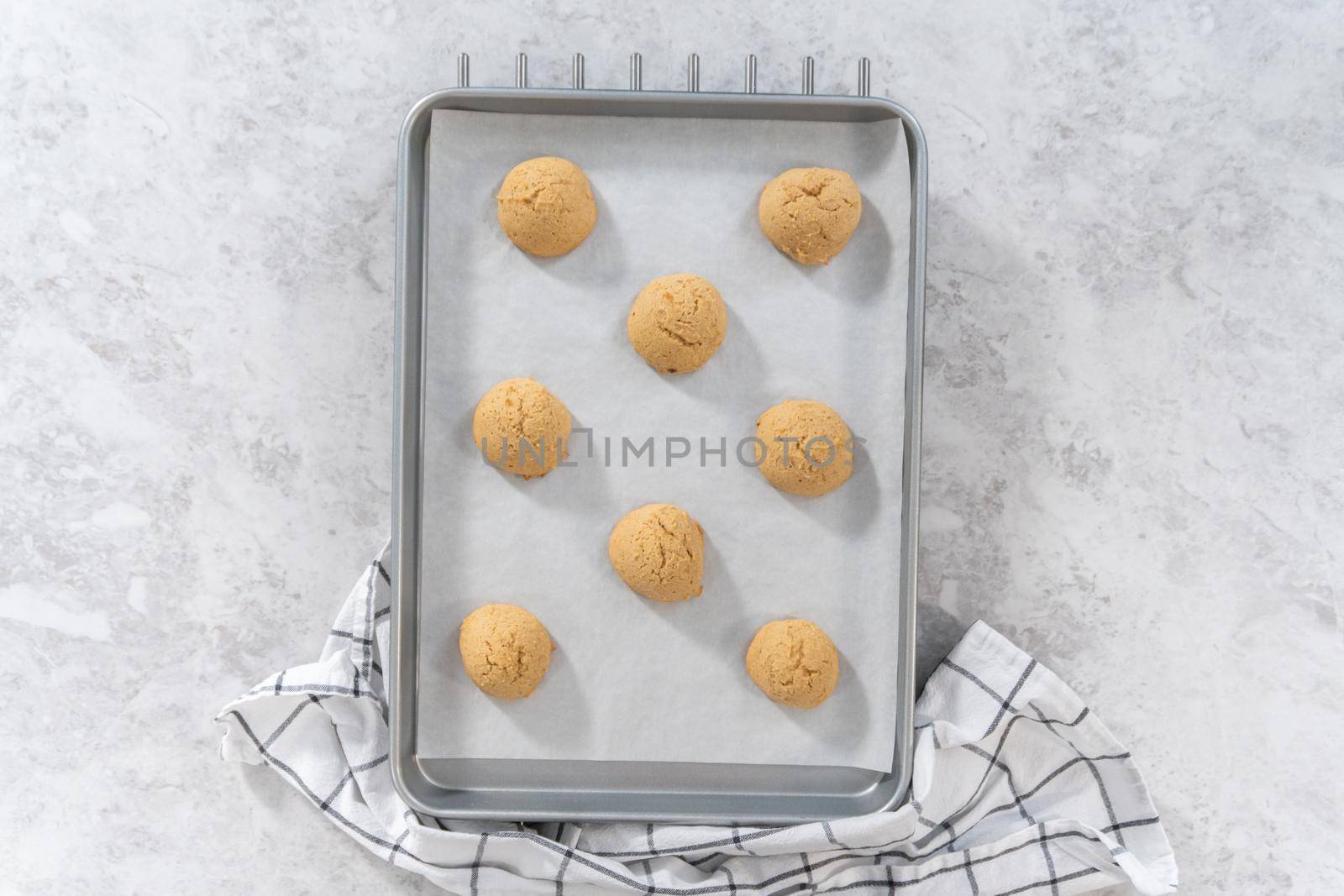 Flat lay. Cooling freshly baked eggnog scones on a kitchen counter.