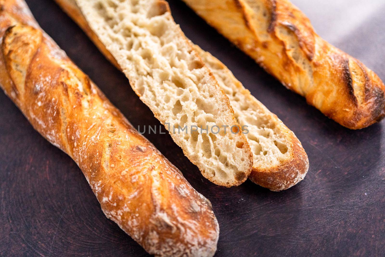 Freshly baked small French baguette bread.