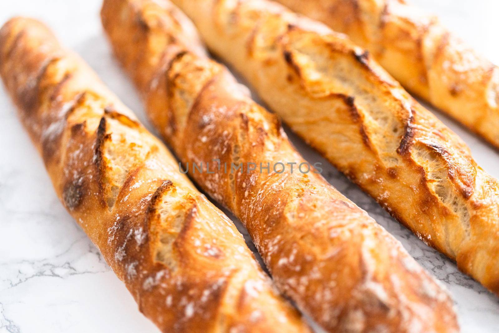 Freshly baked small French baguette bread.