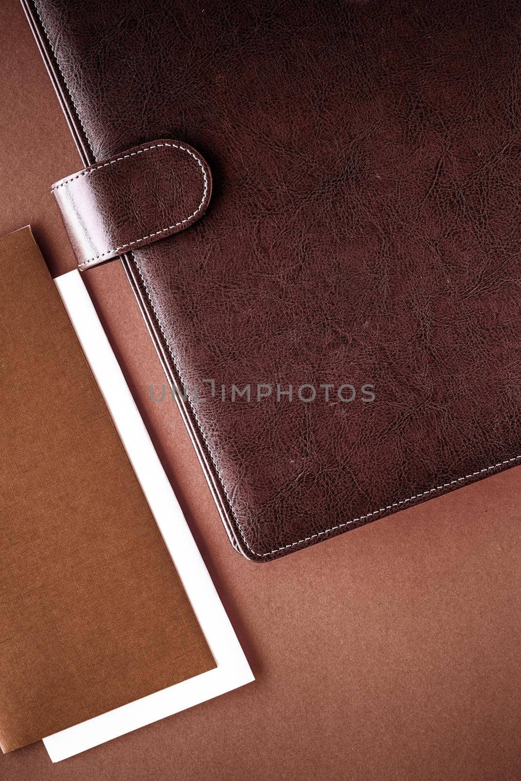 Productivity, work and corporate lifestyle concept - Vintage business briefcase on the office table desk, flatlay background