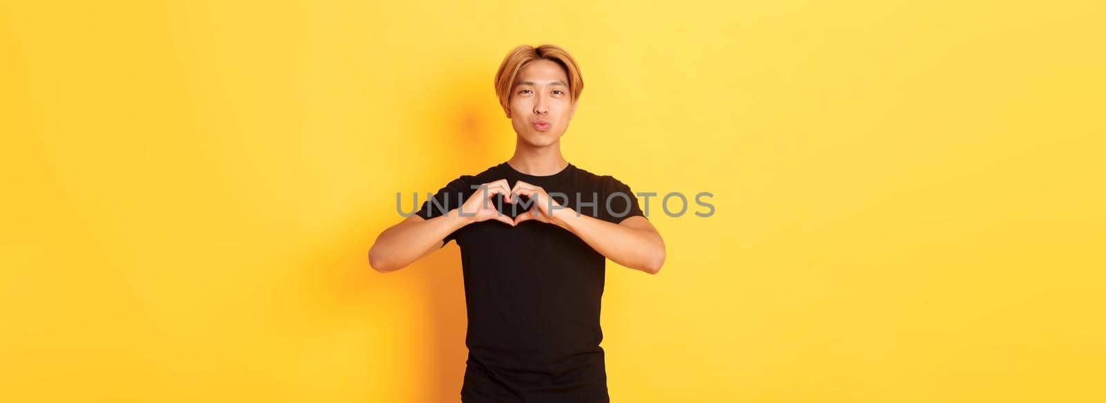 Portrait of lovely handsome blond asian man, showing heart gesture and smiling, standing yellow background by Benzoix