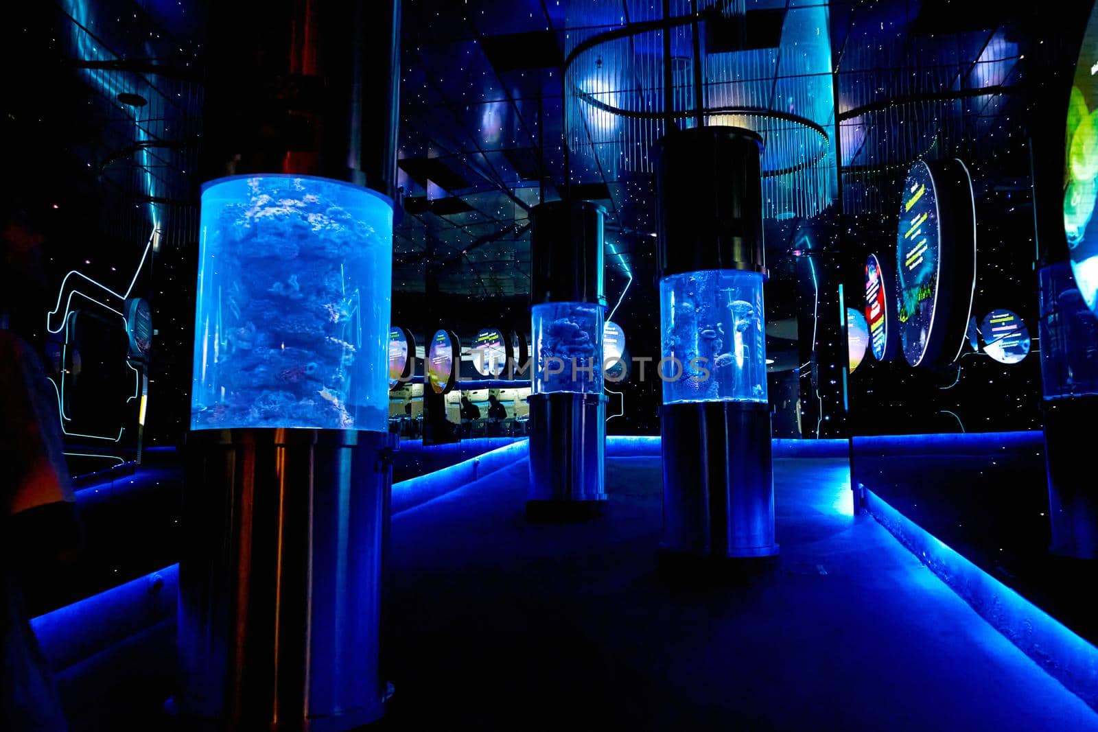 futuristic interior of oceanarium with mystic light up tube aquariums. Kuala Lumpur, Malaysia - 04.01.2020