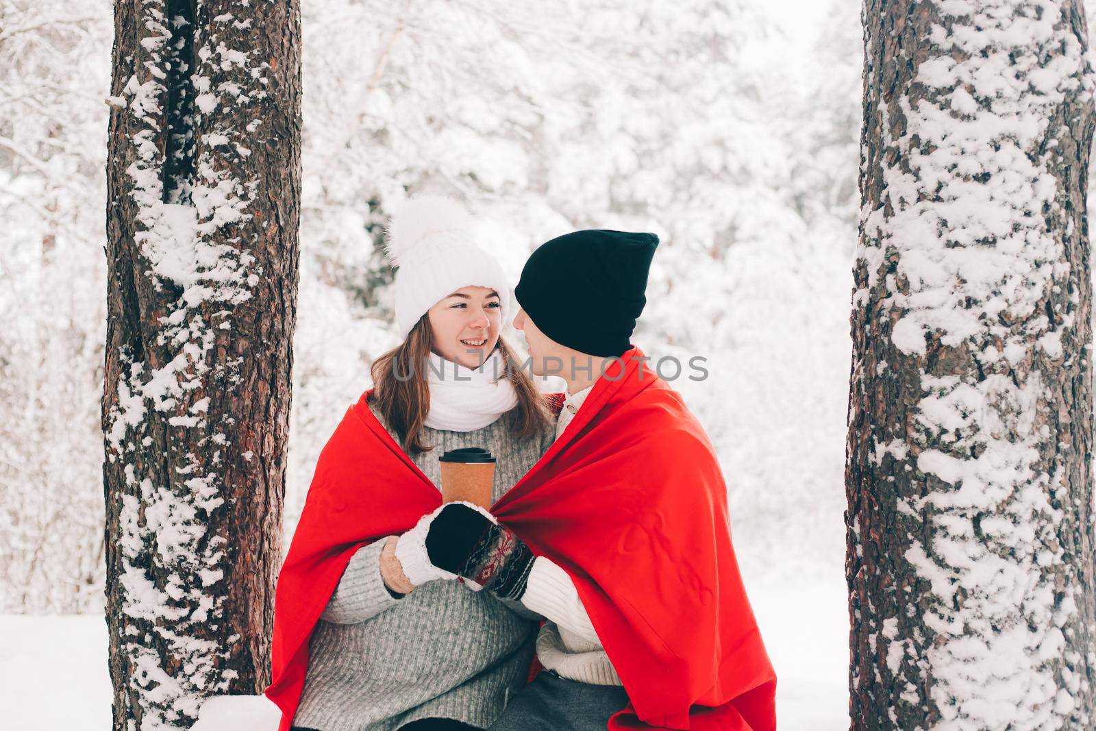 A couple in love in winter in the forest lifestyle . An article about love. An article about Valentine 's Day . by alenka2194