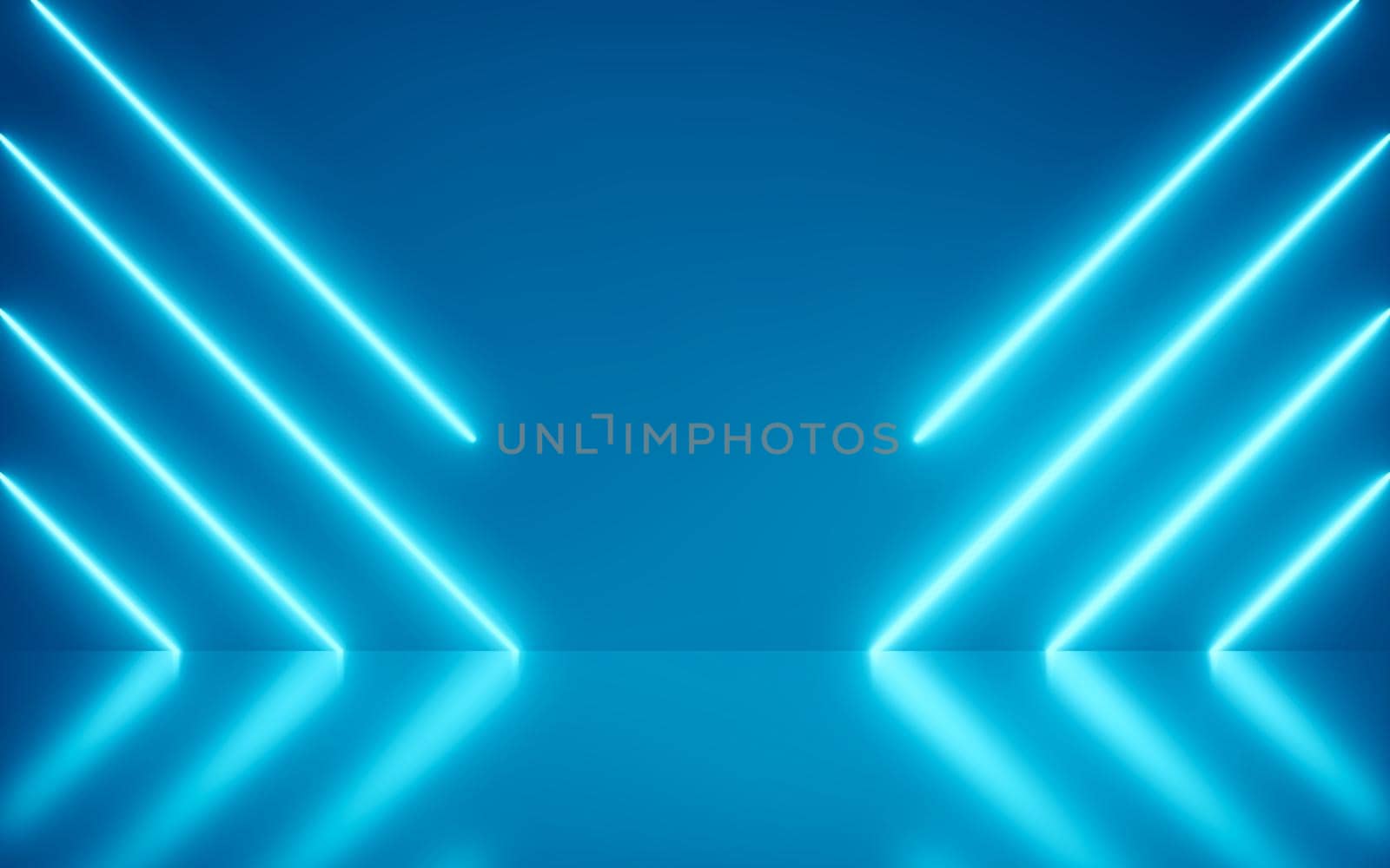 Neon Background Abstract Blue Light Shapes line diagonals on colorful and reflective floor. by ImagesRouges