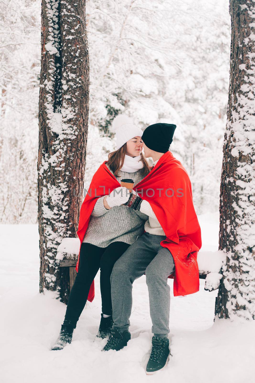 A couple in love in winter in the forest lifestyle . An article about love. An article about Valentine 's Day . A happy couple.