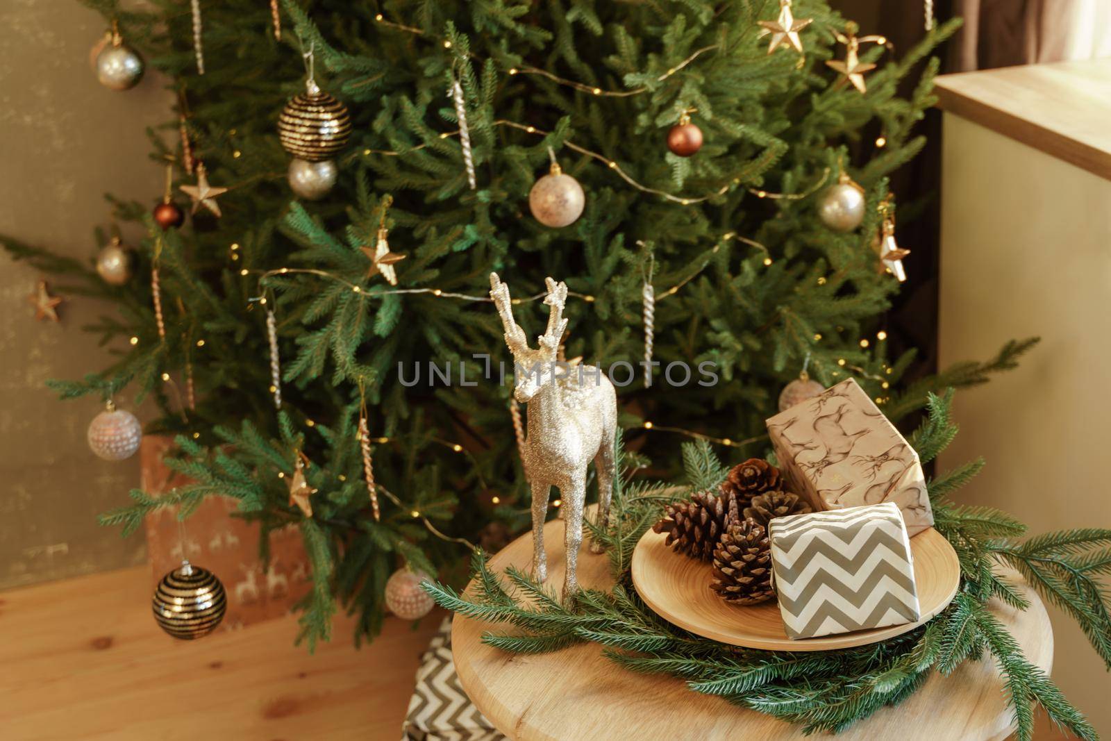 Presents and Gifts under Christmas Tree, Winter Holiday Concept.