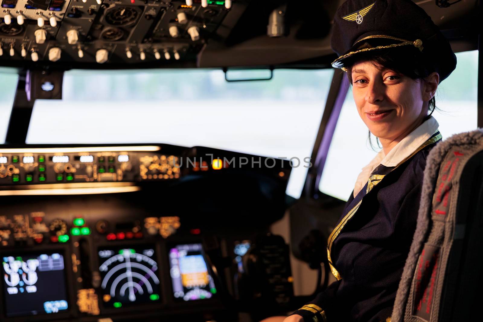 Portrait of female copilot sitting in captain cabin to fly plane, international flying airline service to travel. Woman in uniform being ready to start engine and push dashboard control panel switch.