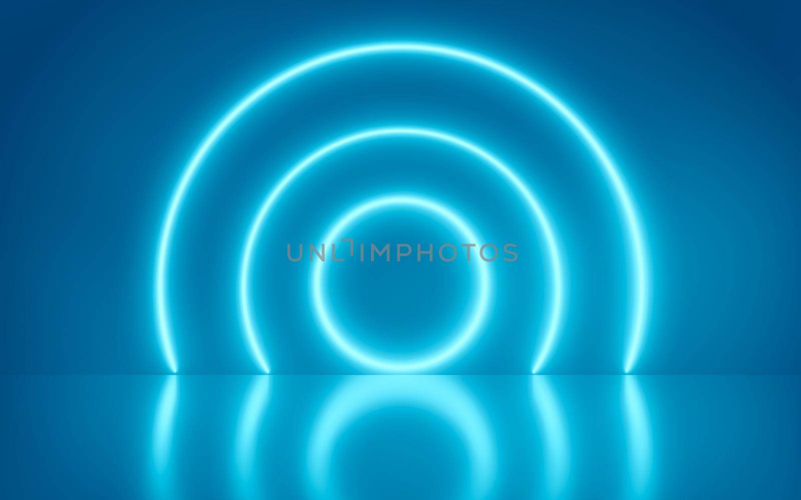 Neon circle abstract background, Blue spectrum vibrant colors, glowing lines, tunnel, neon lights, virtual reality, round portal, arch, laser show. 3d rendering,