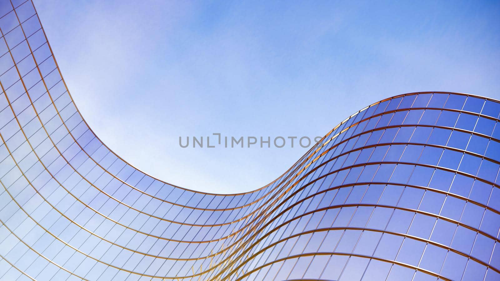 Glass buildings business concept. The glass facade of a skyscraper with a mirror reflection of sky windows. Bright sunny day with sunbeams in the blue sky. Modern buildings background. 3d Rendering