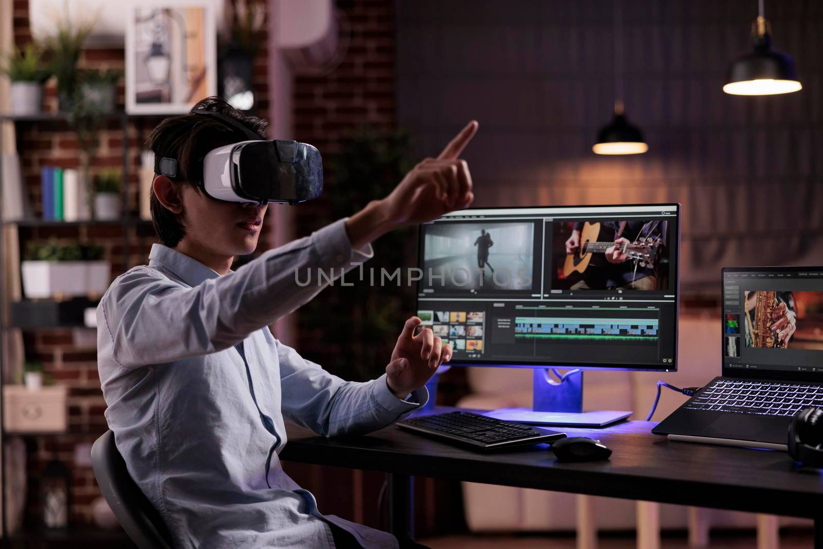 Film maker editing movie montage with virtual reality glasses, using multimedia production software to create footage. Edit video with color grading and visual effects, working with vr goggles.