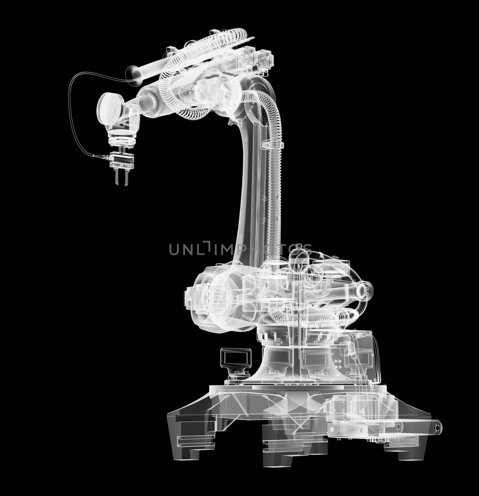 Industrial robot, x-ray transparent. 3D illustration. Non-destructive testing concept