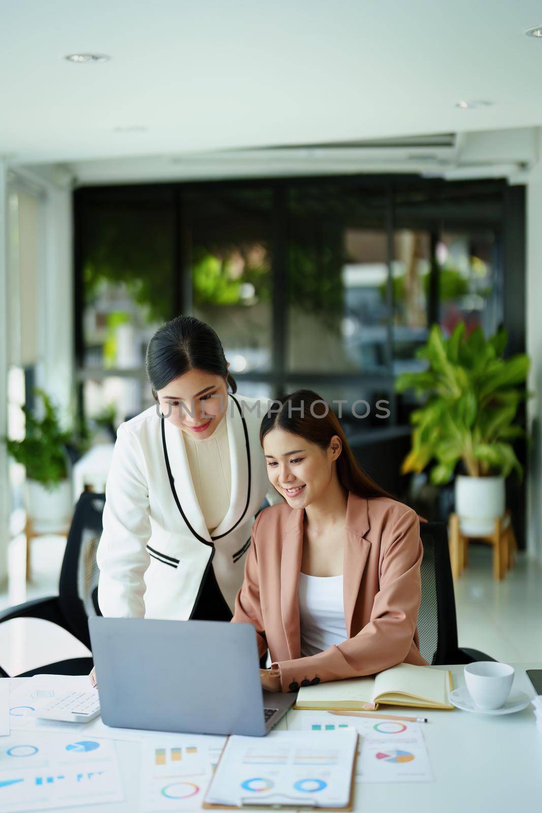 A portrait of two female employees using computers while working to analyze their finances and increase their marketing strategies to combat their competitors.