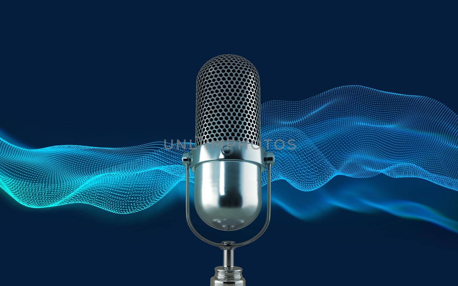 Microphone and Beauty abstract wave technology background with blue led light. podcast, live, streaming concept. 3d rendering.