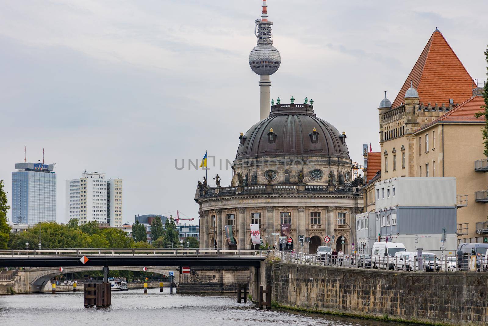 View from the river Spree to the TV tower and the cityscape in Berlin, Germany