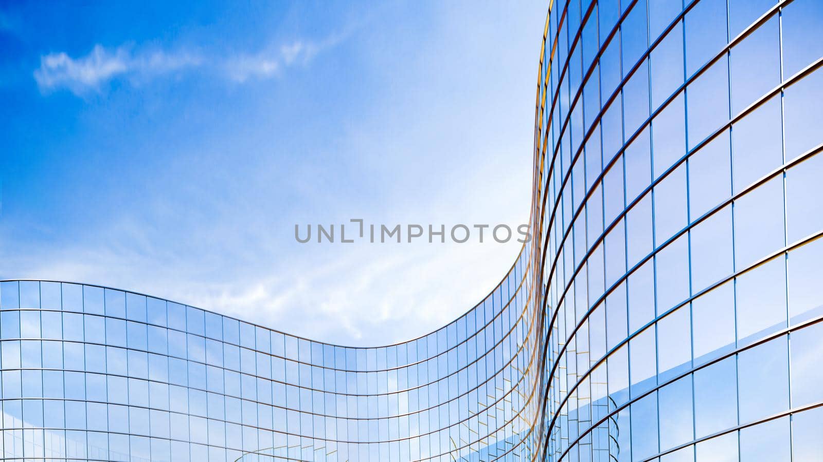 Glass buildings business concept. The glass facade of a skyscraper with a mirror reflection of sky windows. Bright sunny day with sunbeams in the blue sky. Modern buildings background. 3d Rendering