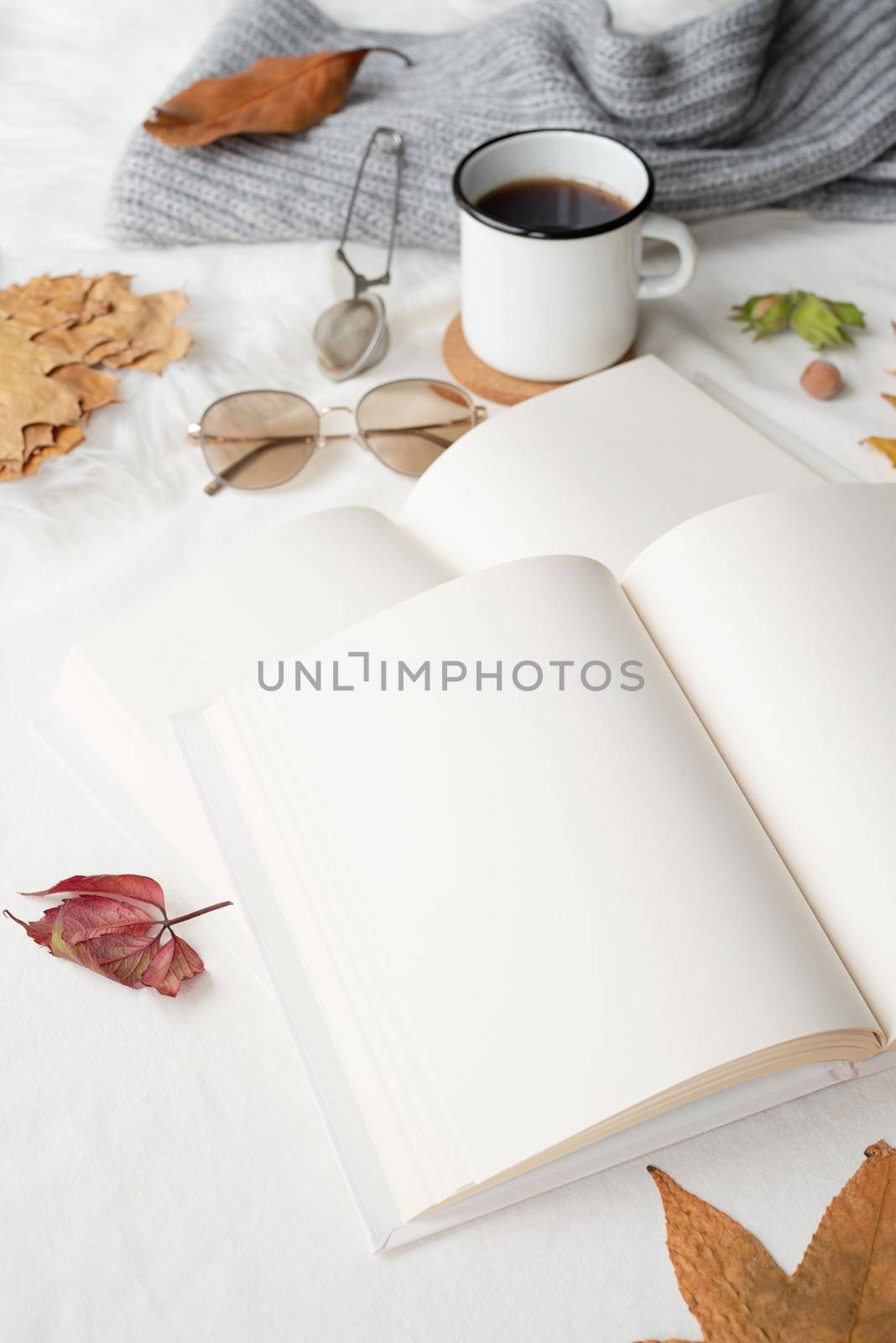 white blank book with autumn leaves and cup of hot tea on old table , mockup design by Desperada