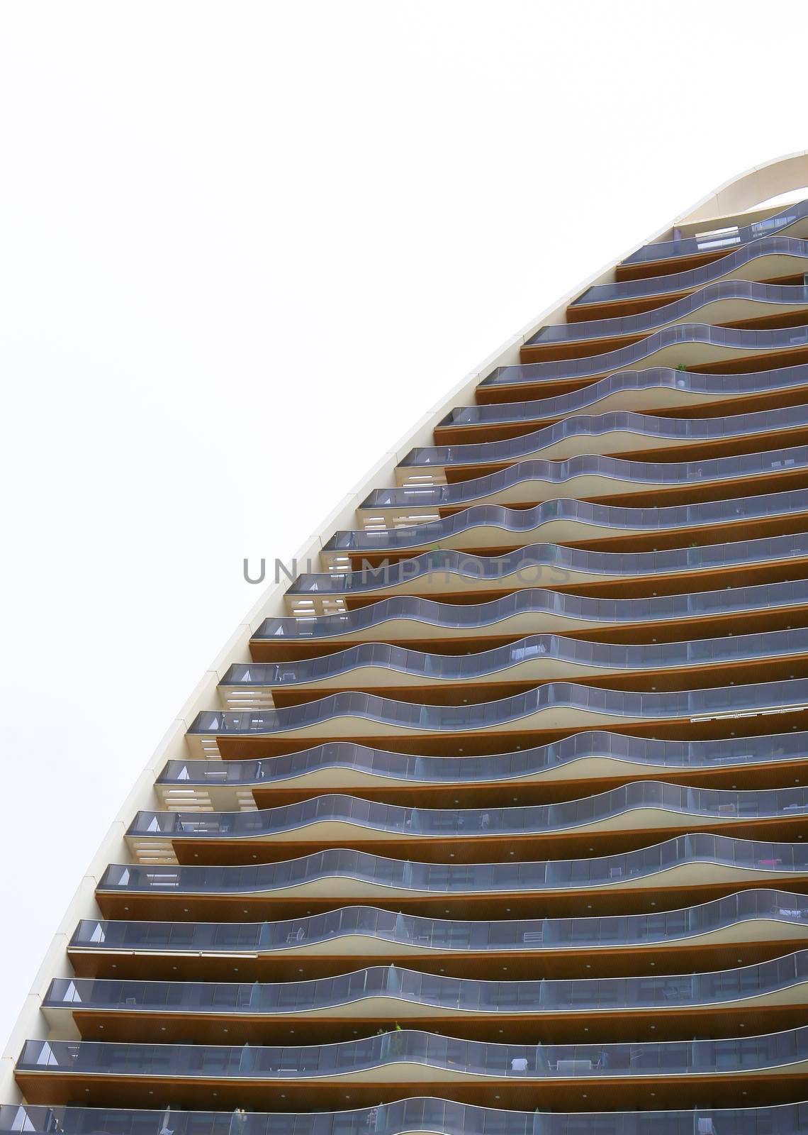 Benidorm, Alicante, Spain- September 11, 2022: Modern architecture buildings called Sunset Waves in the Poniente Beach Area in Benidorm